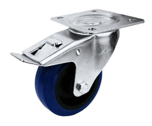 100BWBP - 100mm Blue Rubber Castor braked with plate - Oxford Hardware - 100BWBP
