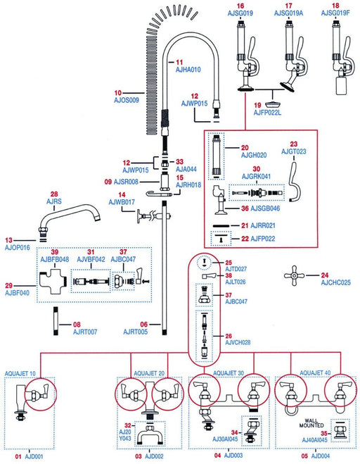 Aquajet Pre-rinse Sprays :: Spare parts Diagram - Oxford Hardware - AJD001