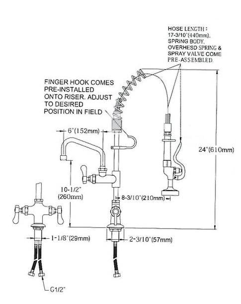 OHD20M - Pre-Rinse Spray, Deck Mounted, Single Pedestal, Twin Feed, Mini Style - Oxford Hardware - OHD20M