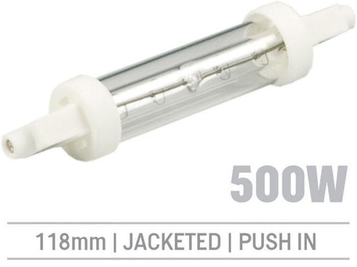 IRL500JV - 500W Jacketed Infrared Quartz Bulb, Push-In 118mm - Oxford Hardware - IRL500JV